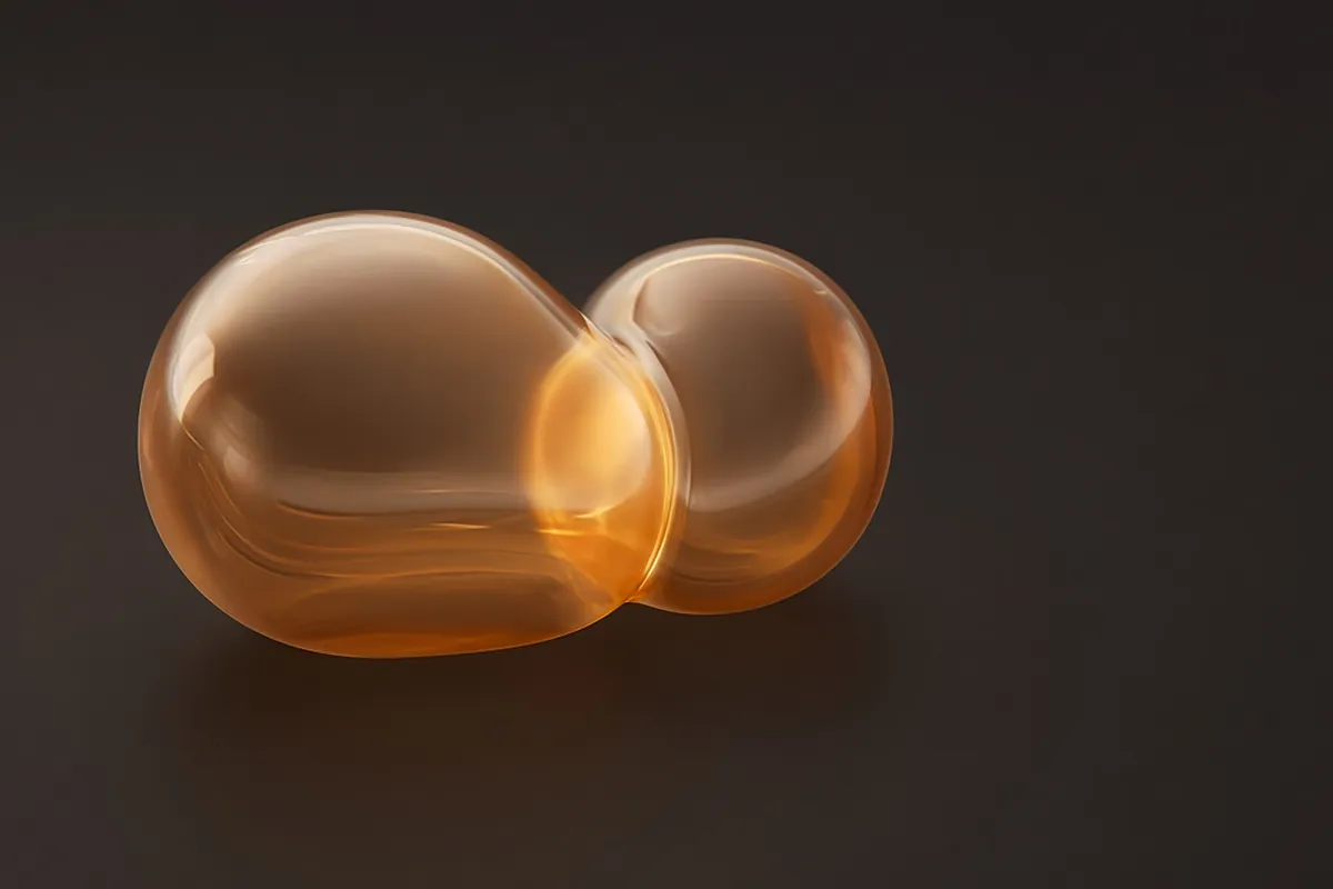 Two overlapping translucent orange glass forms with a warm glow where they meet