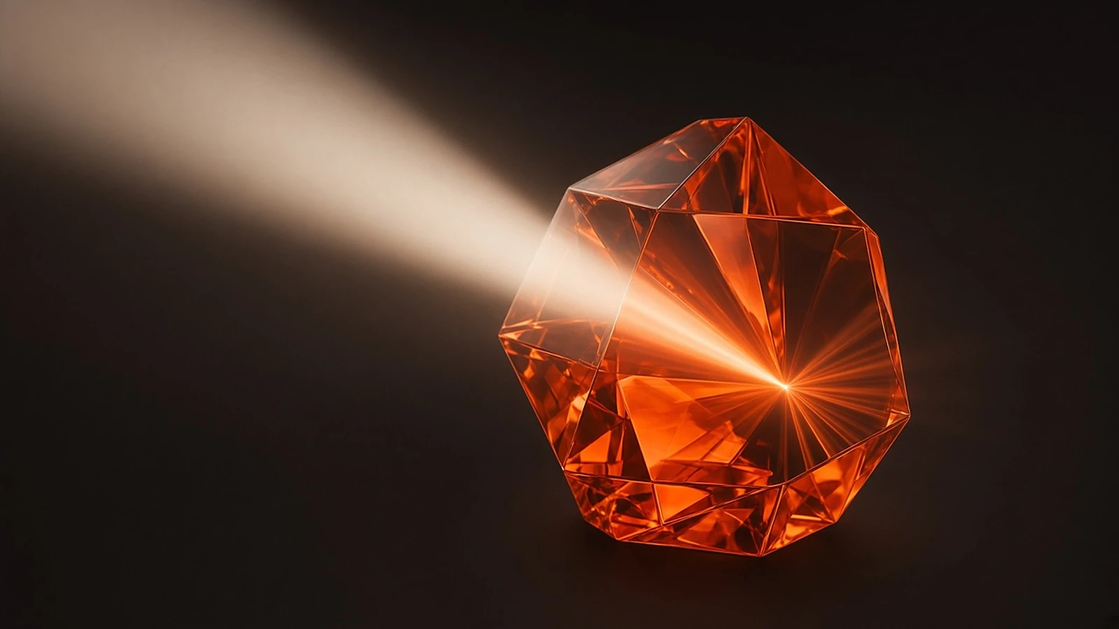 Abstract beam of light passing through a faceted orange glass prism and converging to one bright point