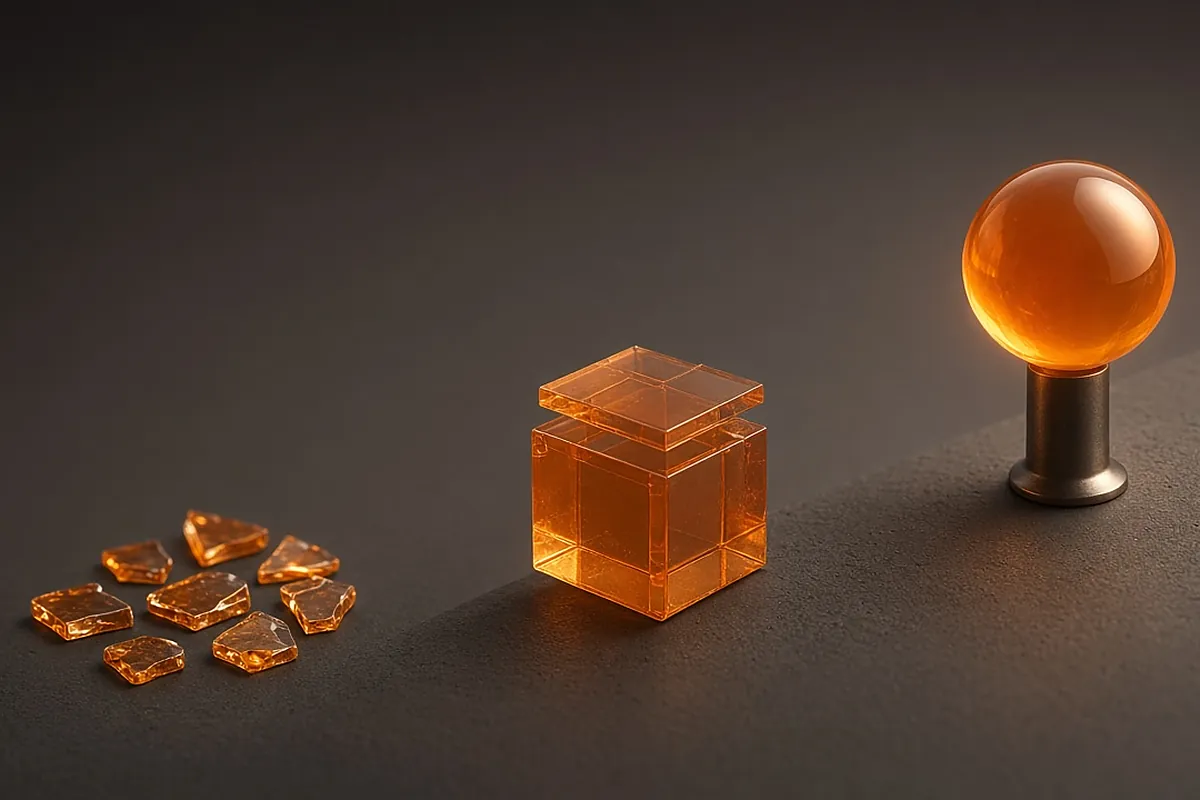 Three objects in progression: rough orange glass shards, an assembled glass cube, a polished glowing sphere