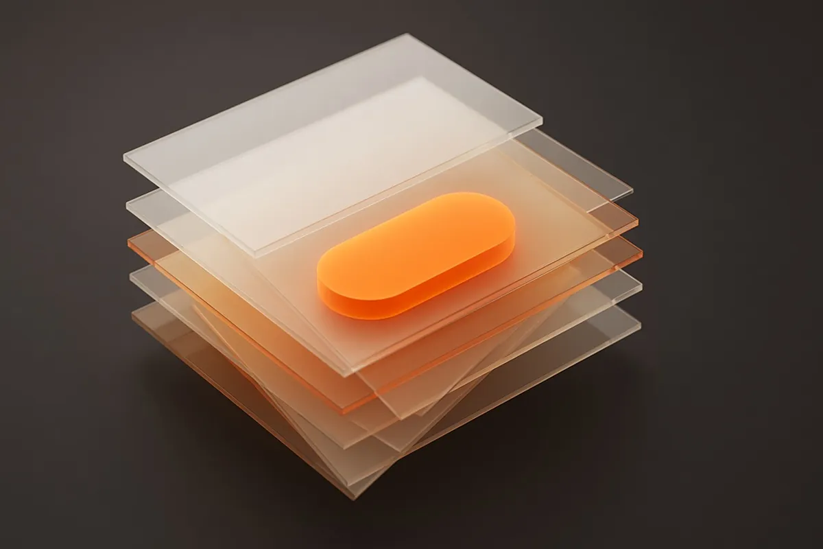 Layered glass page forms with a single glowing orange button shape at the centre