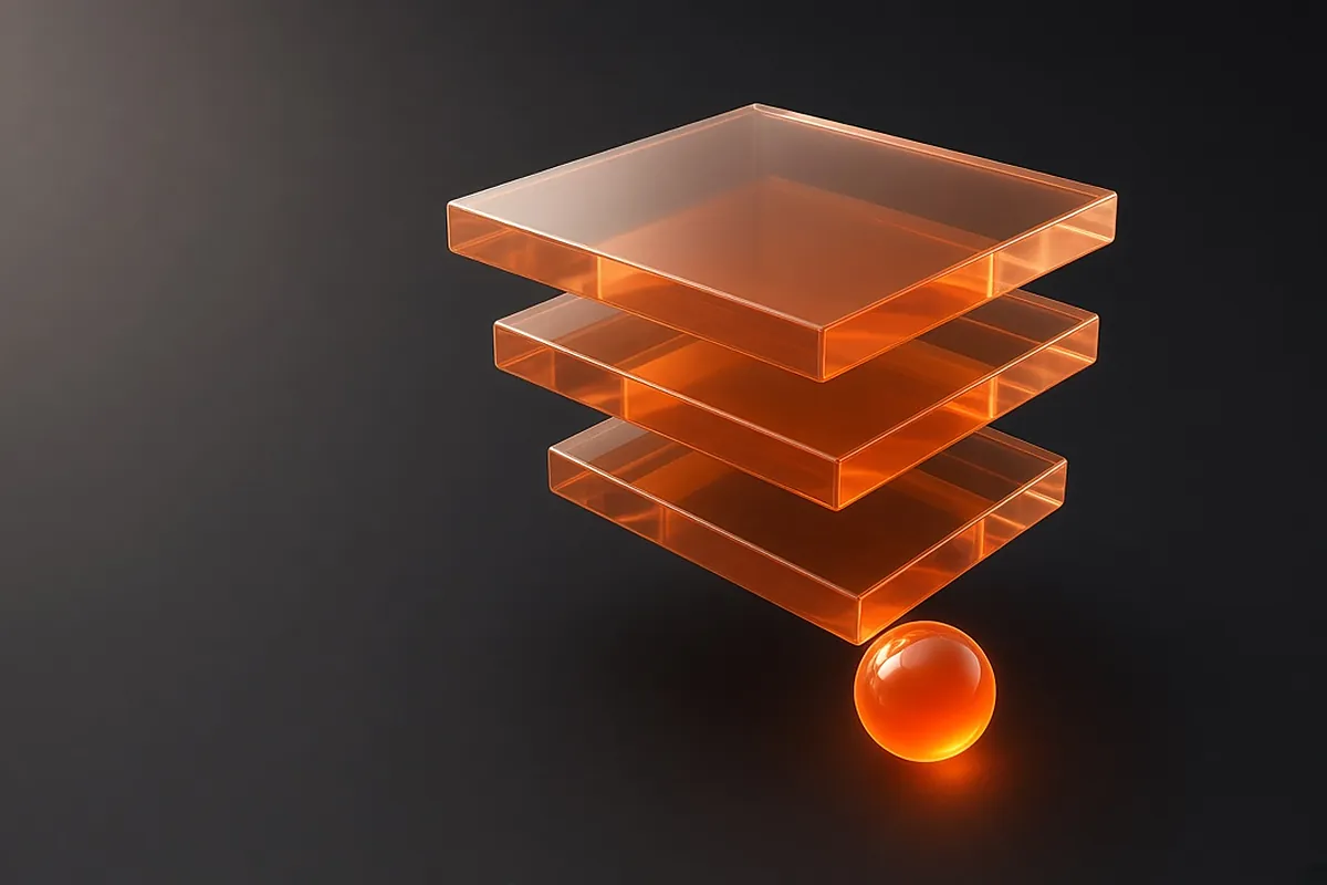 Three stacked translucent orange glass panels with light narrowing into one glowing sphere
